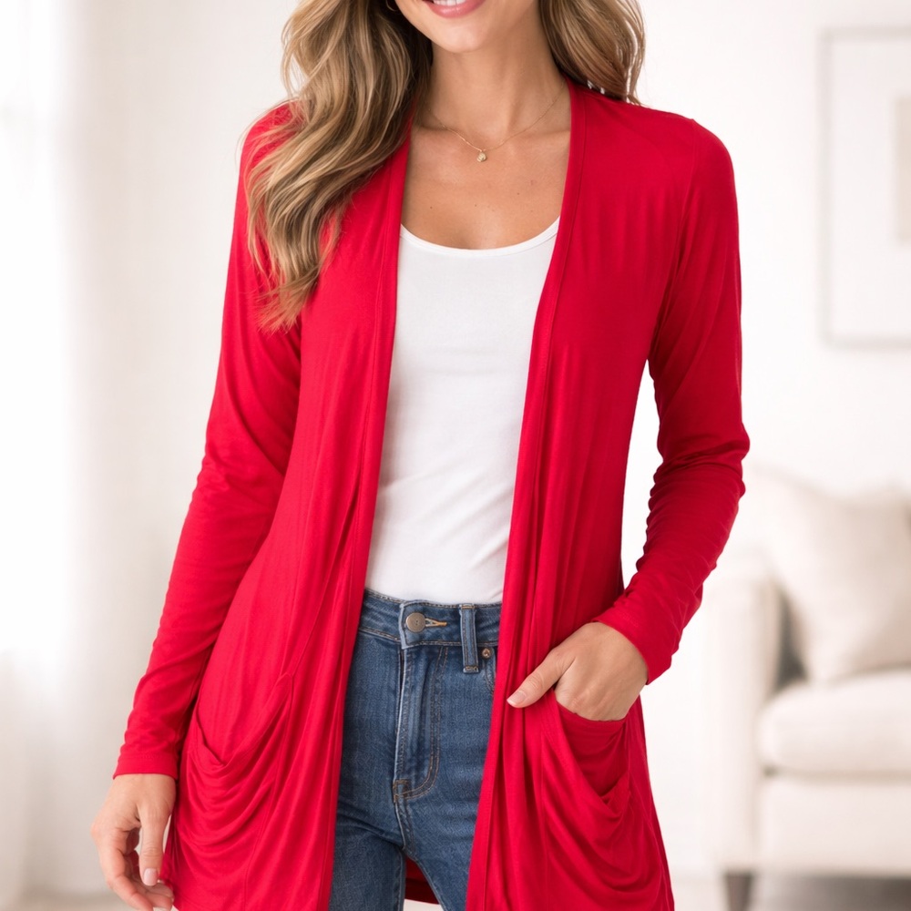 Liquid Red Open Front Cardigan Women’s Lightweight Long Sleeve Pocket Duster